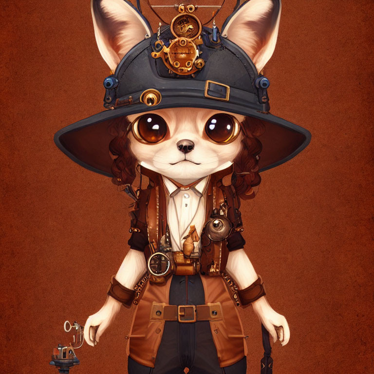 Steampunk-themed anthropomorphic chihuahua character in top hat outfit