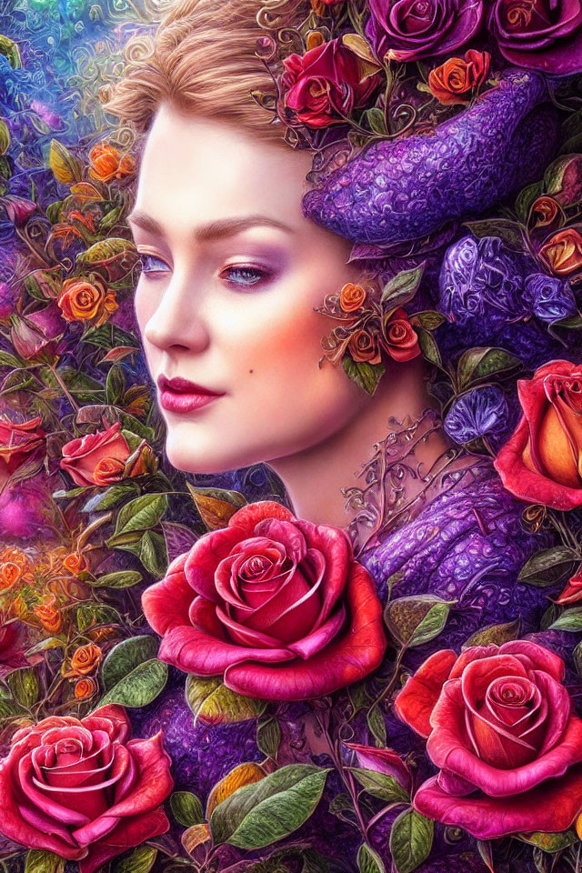 Detailed illustration of serene woman with blossoming roses and purple floral pattern