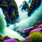 Vibrant purple flora in lush green mountains with swirling mist under bright sky