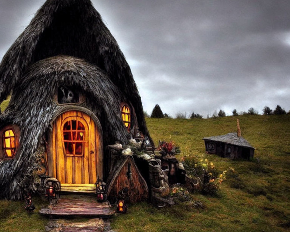 Thatched Roof Cottage with Round Wooden Door in Green Landscape