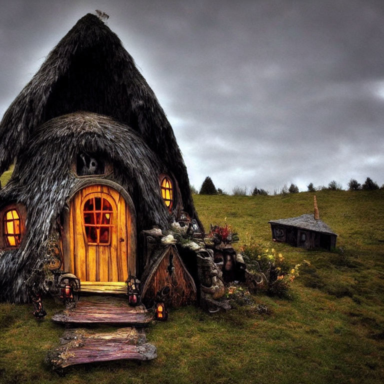 Thatched Roof Cottage with Round Wooden Door in Green Landscape