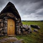 Thatched Roof Cottage with Round Wooden Door in Green Landscape
