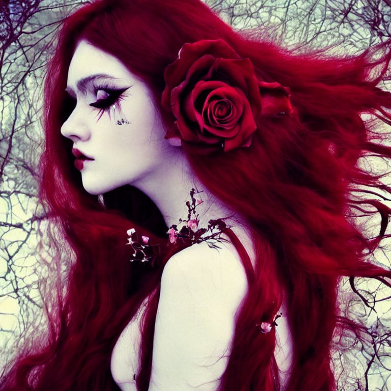 Red-haired woman with rose in hair, dark makeup, in winter scene