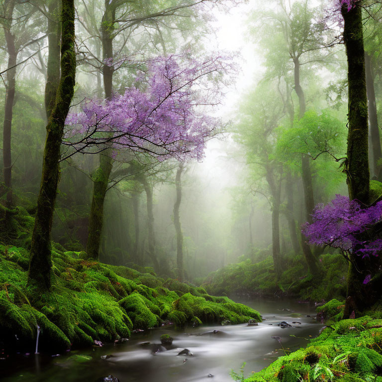 Misty forest with purple blossoms, moss-covered rocks, and flowing stream