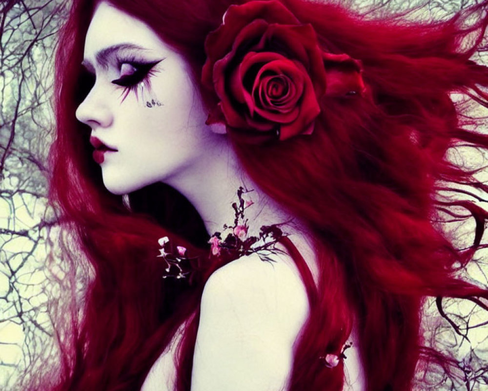 Red-haired woman with rose in hair, dark makeup, in winter scene