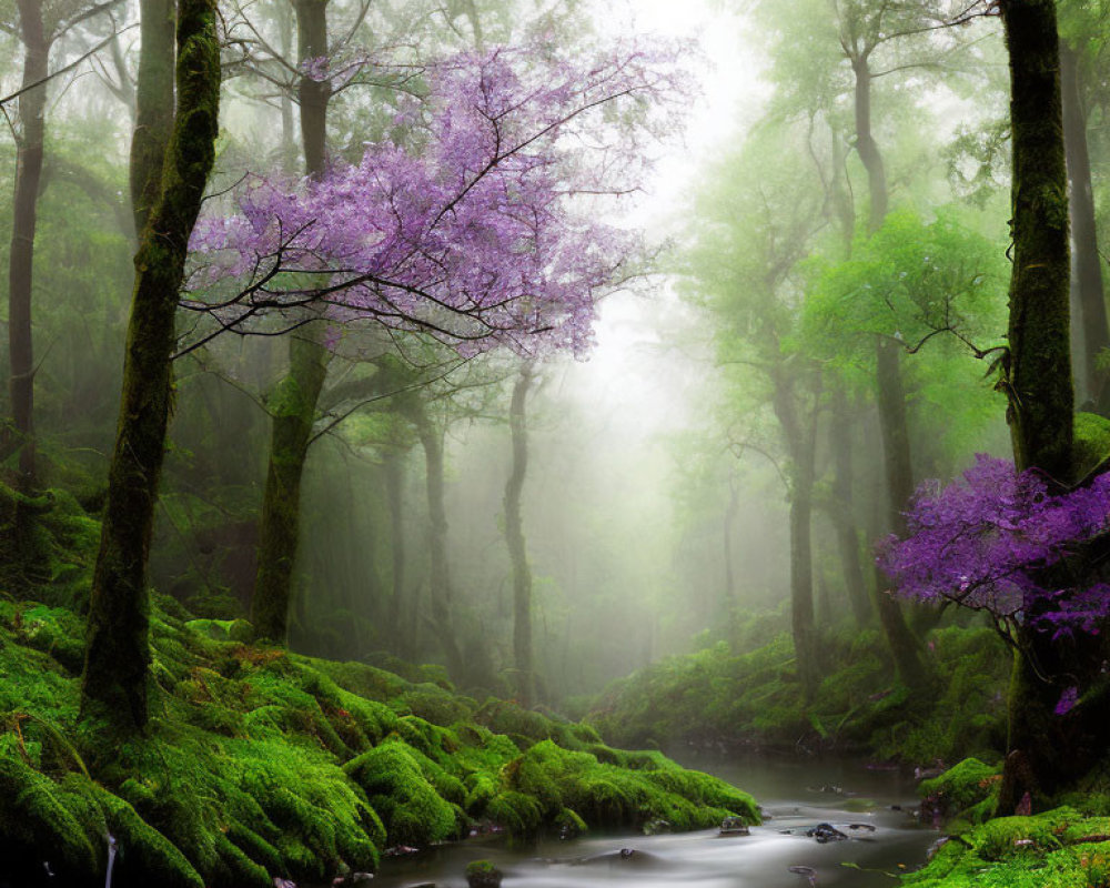 Misty forest with purple blossoms, moss-covered rocks, and flowing stream