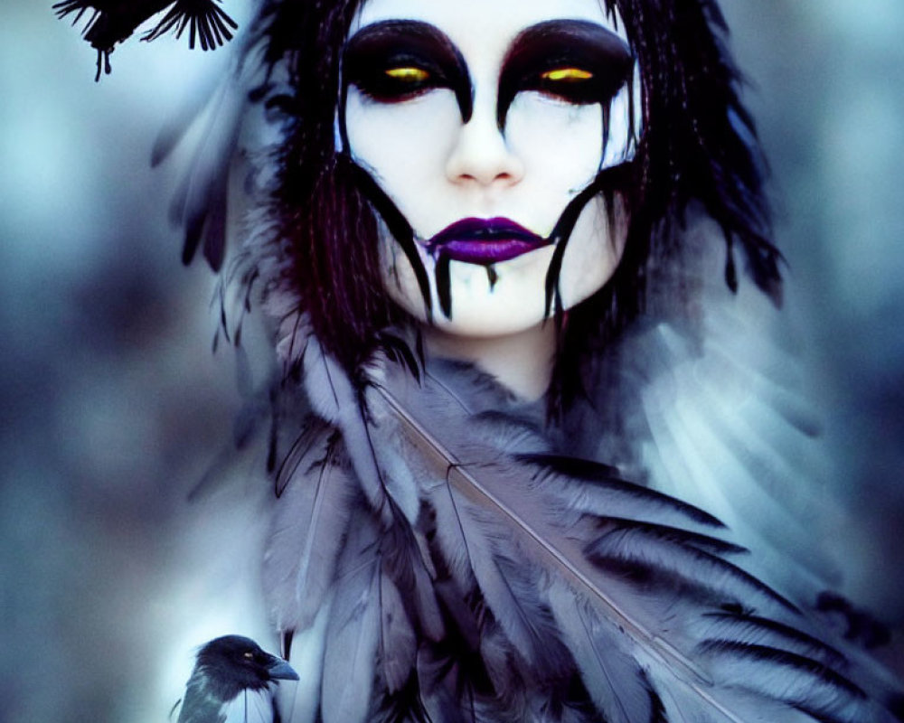 Person in dramatic black and white makeup with dark lips wearing a feathered costume among flying birds