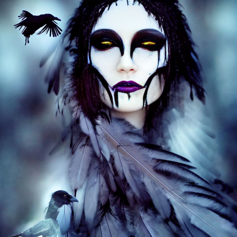 Person in dramatic black and white makeup with dark lips wearing a feathered costume among flying birds