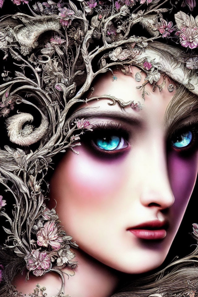 Detailed digital artwork of woman with floral adornments and blue eyes