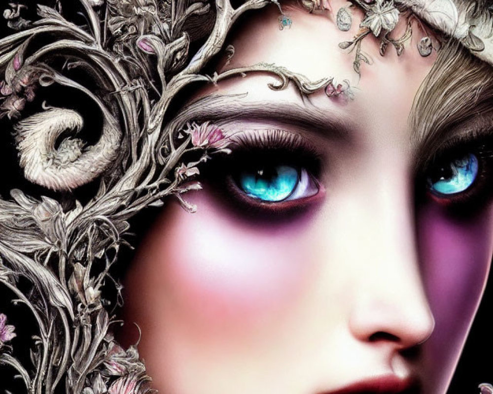 Detailed digital artwork of woman with floral adornments and blue eyes