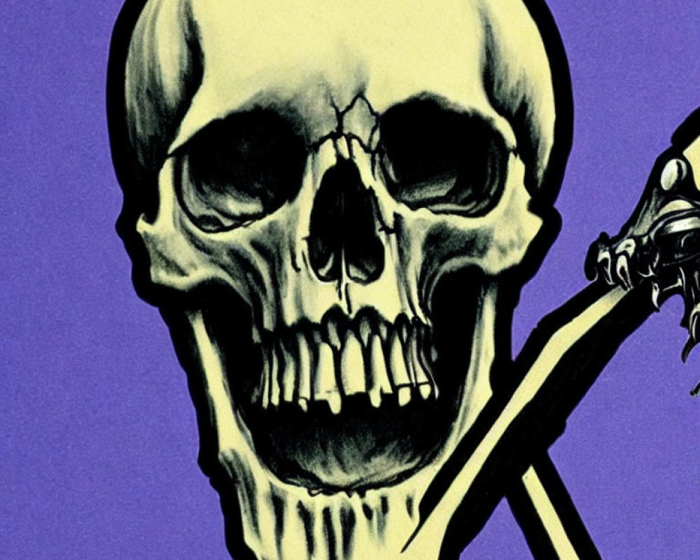 Stylized human skull and bones on purple background