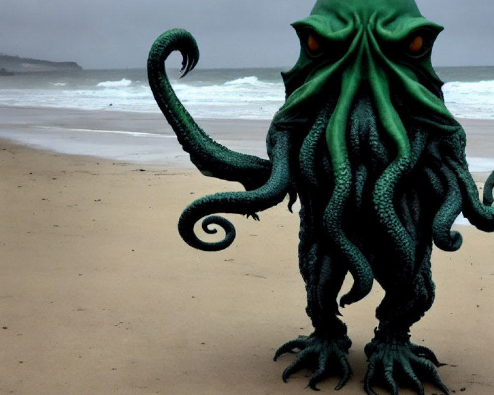 Green Octopus-Like Creature on Sandy Beach with Cloudy Sky