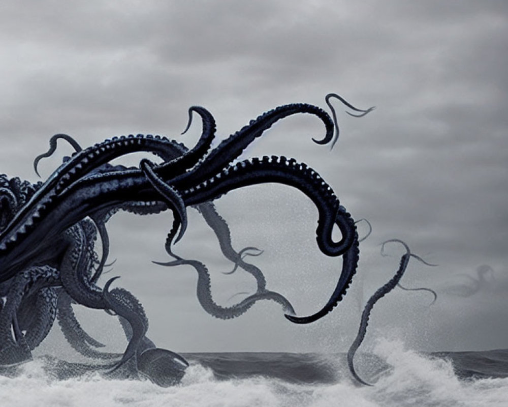 Stormy Sea with Giant Tentacles Under Dark Cloudy Sky