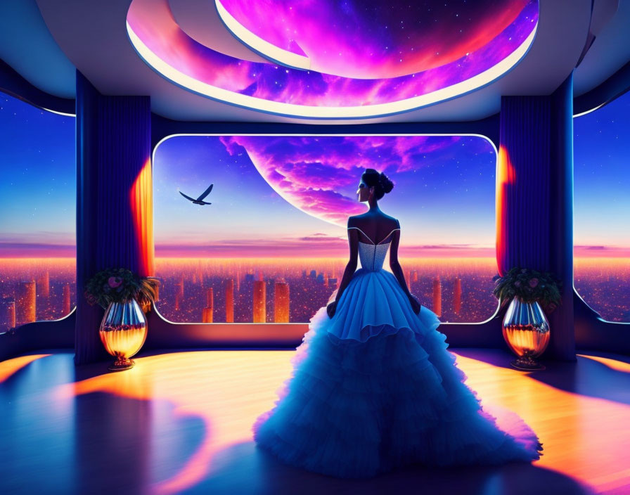 Woman in Blue Gown Gazes at Futuristic Cityscape at Dusk