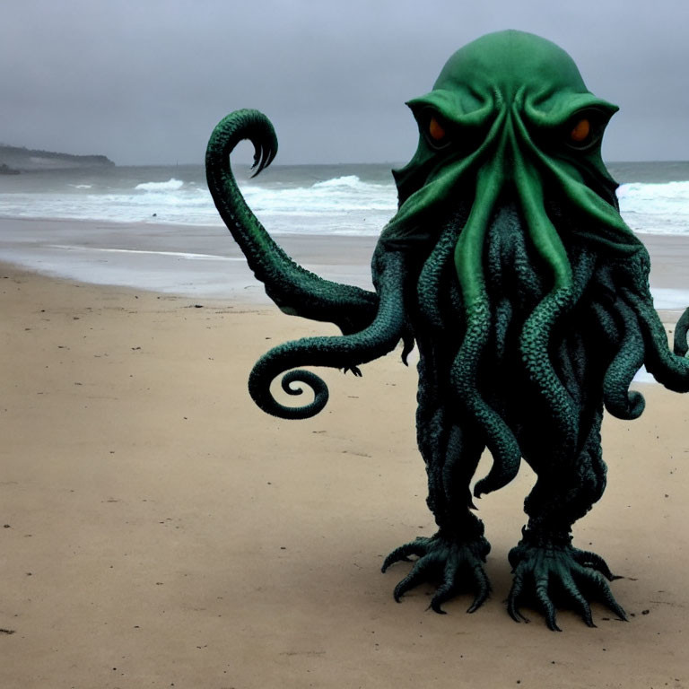 Green Octopus-Like Creature on Sandy Beach with Cloudy Sky