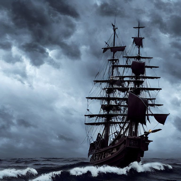 Tall ship with full sails in stormy seas under ominous sky