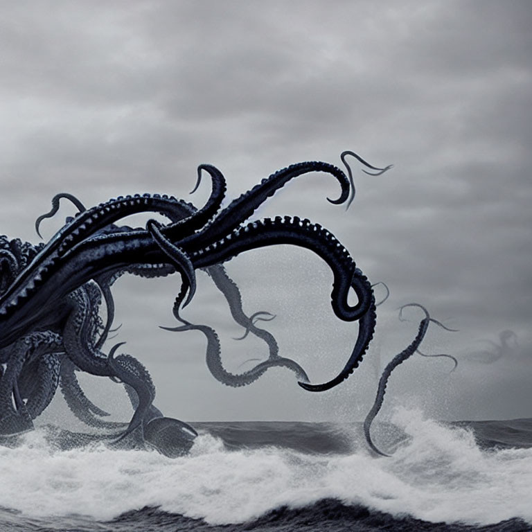 Stormy Sea with Giant Tentacles Under Dark Cloudy Sky