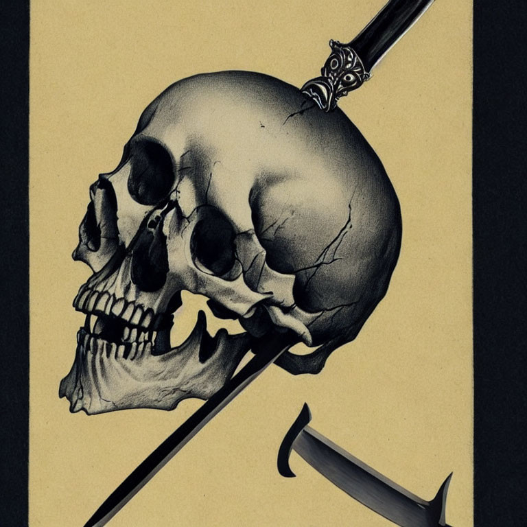 Human skull with dagger and axe on yellow background.