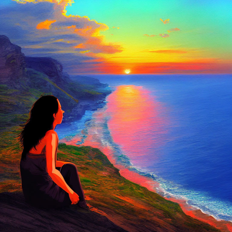 Woman Sitting on Cliff Overlooking Sunset Sea View with Clouds