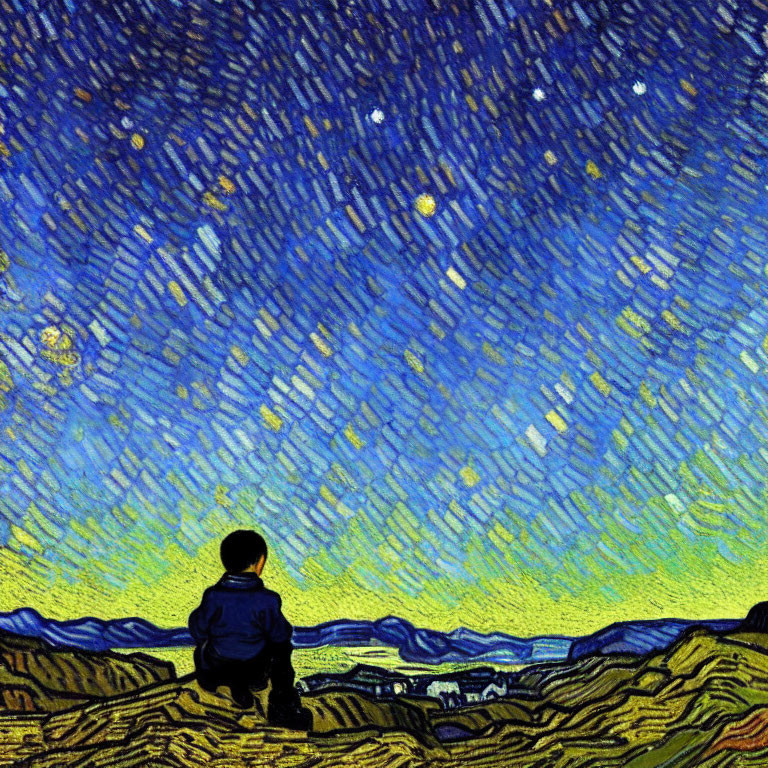 Child admires starry night sky in Van Gogh-esque scene