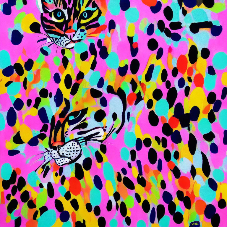 Stylized tiger face with multicolored spots on pink background