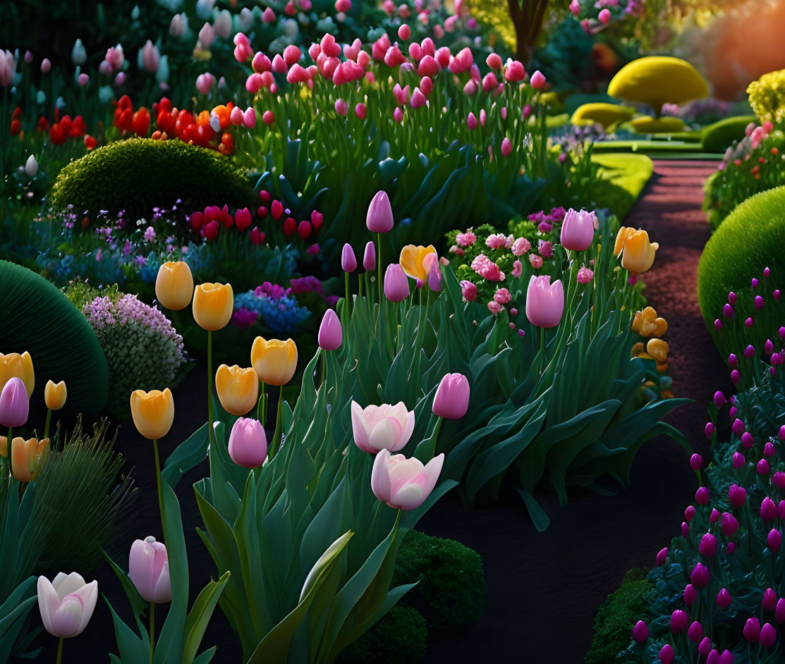 Colorful tulips and lush greenery in vibrant garden setting