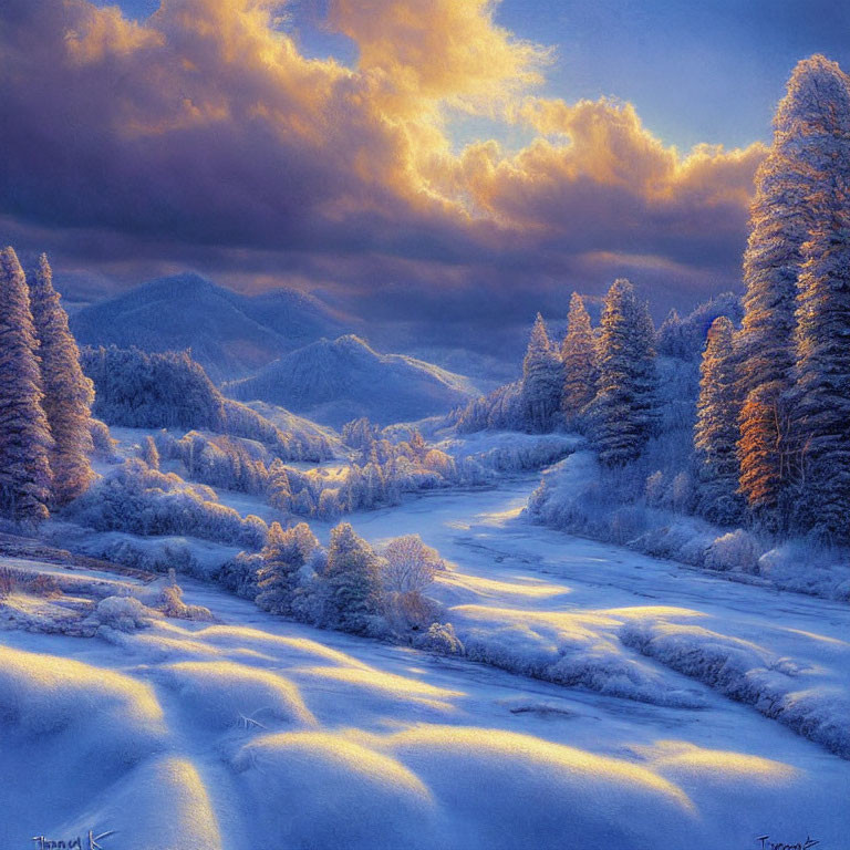 Snow-covered trees and river in serene winter twilight landscape