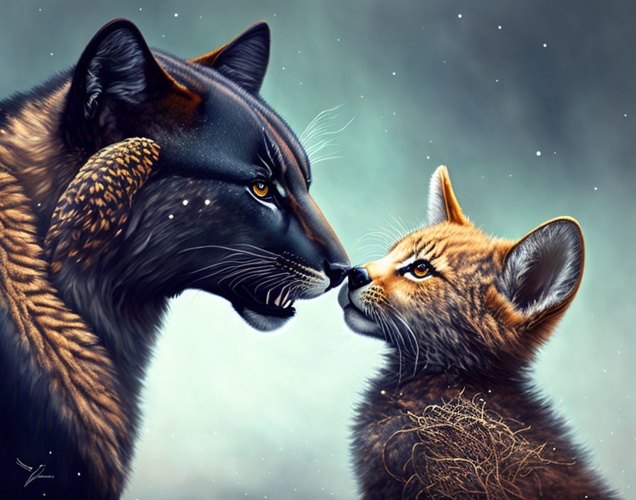 Detailed digital painting: Adult black panther & brown cub touching noses on blue-gray backdrop.