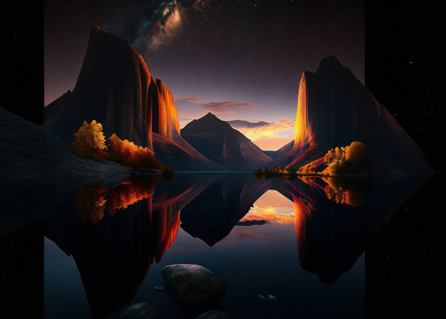 Starry night landscape over autumn lake and mountains