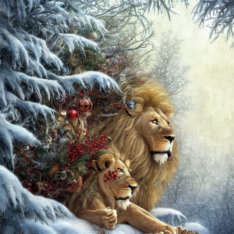 Lion and Cub by Christmas Tree in Winter Forest