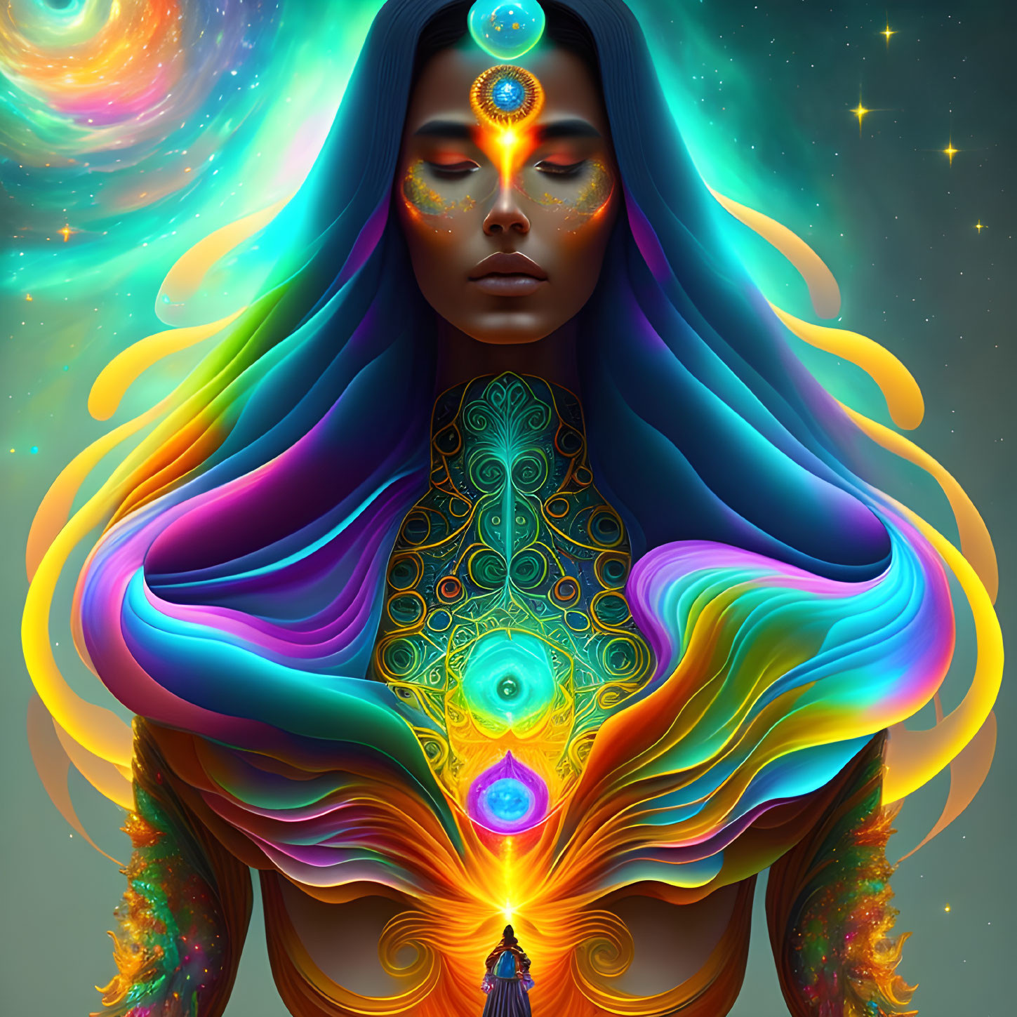 Colorful digital artwork featuring a woman in flowing robes with cosmic elements and intricate patterns.