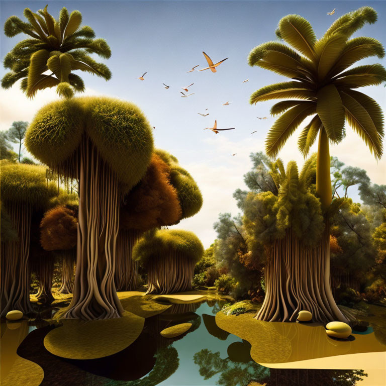 Surreal landscape with oversized mushroom-like trees and reflective water