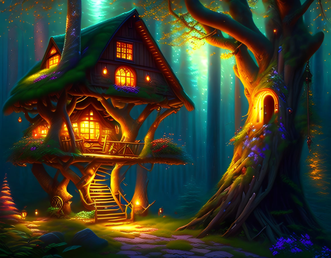 Enchanting treehouse in vibrant forest under night sky