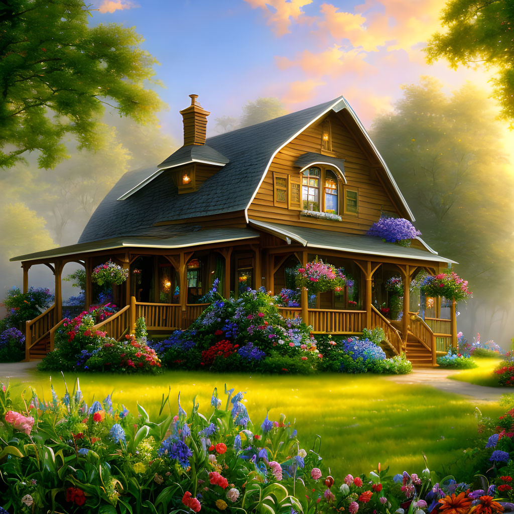 Charming wooden cottage in lush garden at sunrise or sunset