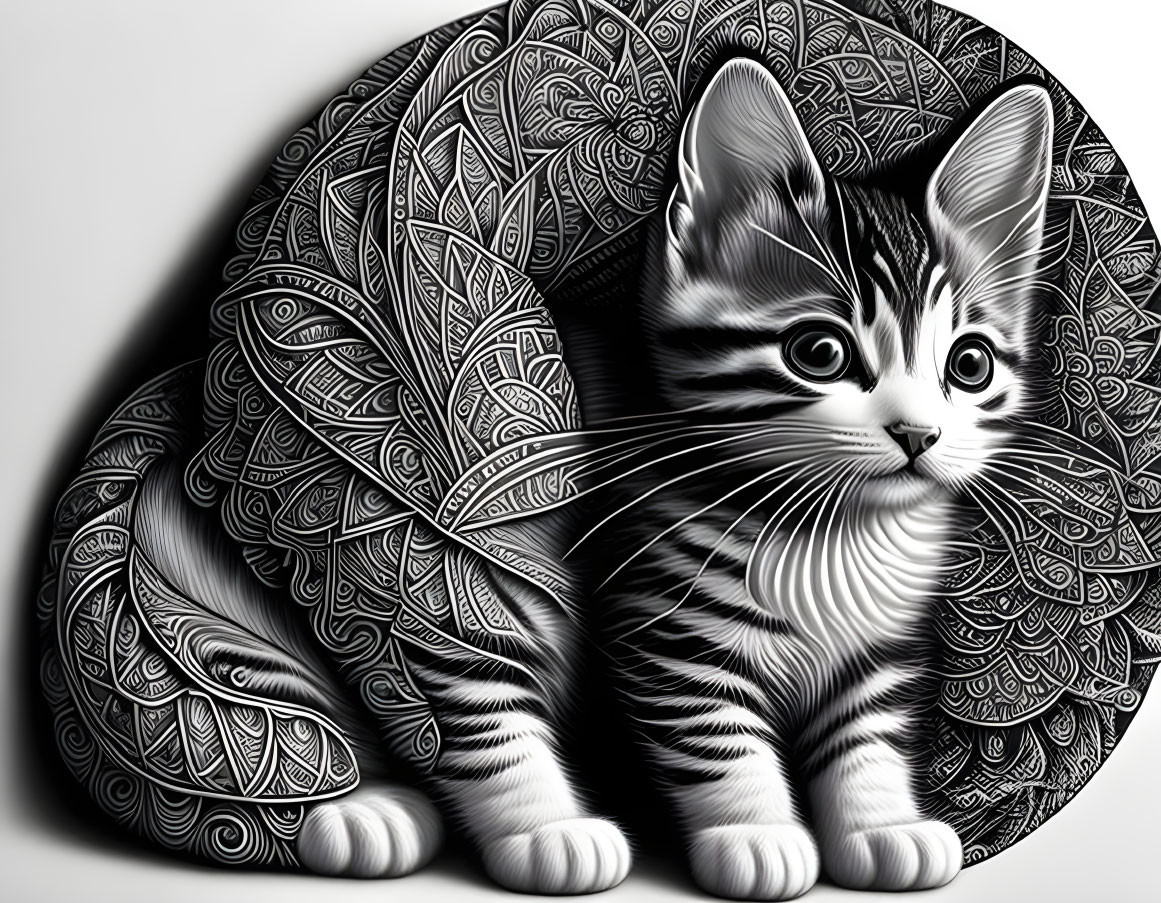 Detailed Black and White Digital Artwork of Intricate Kitten Portrait