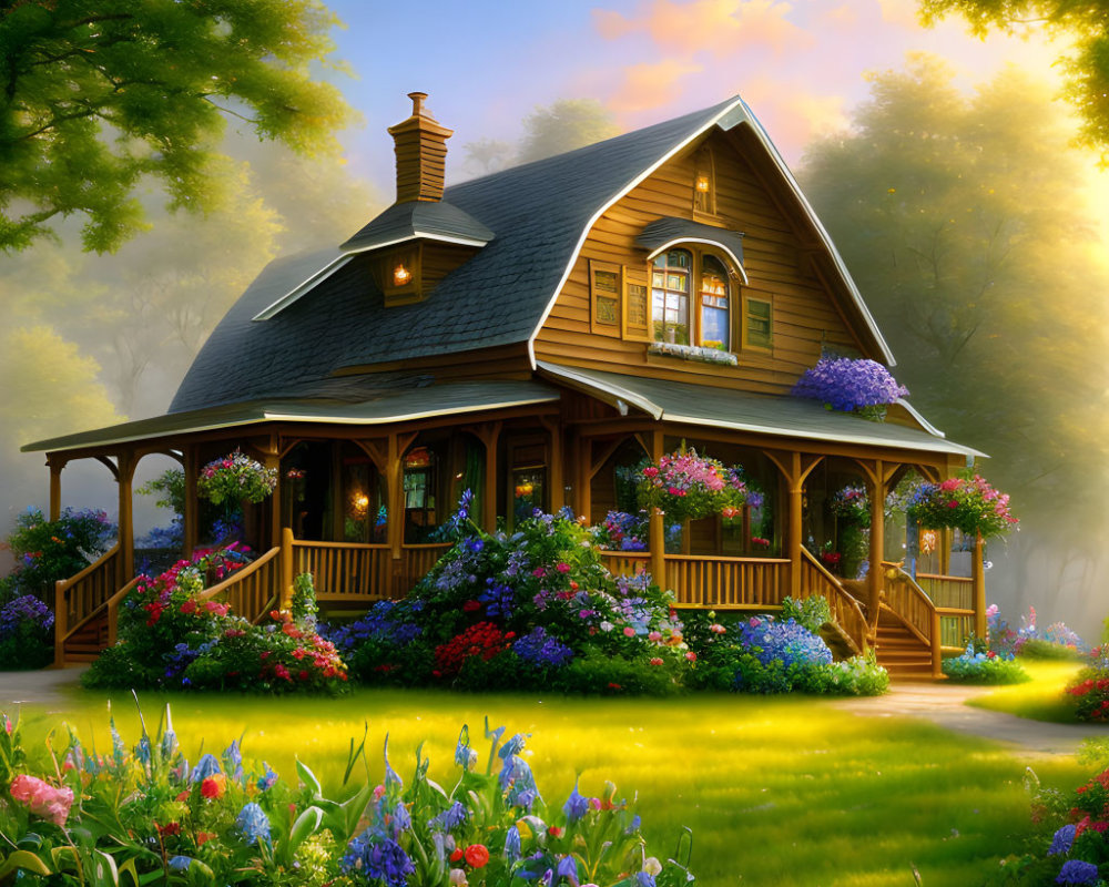 Charming wooden cottage in lush garden at sunrise or sunset