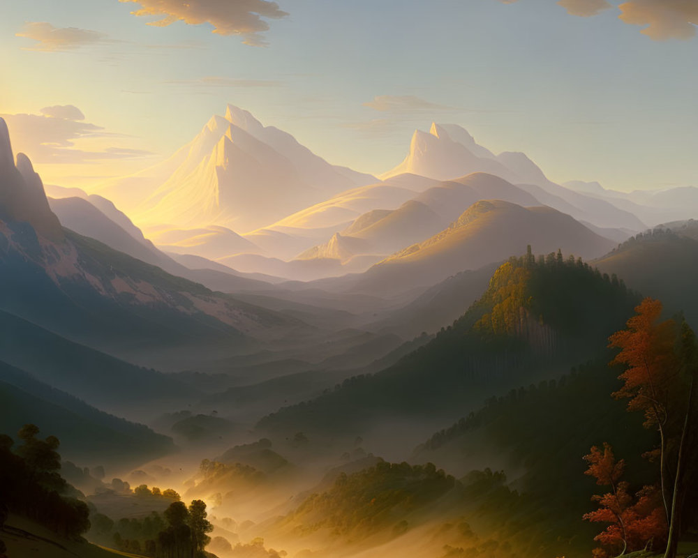 Majestic snow-capped mountains and misty forest valley at sunrise