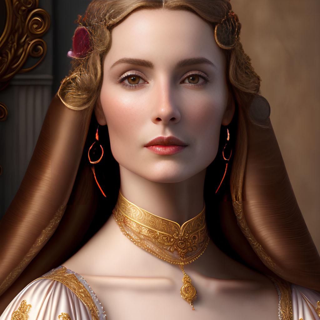 Digital portrait of woman in Renaissance attire with golden jewelry.