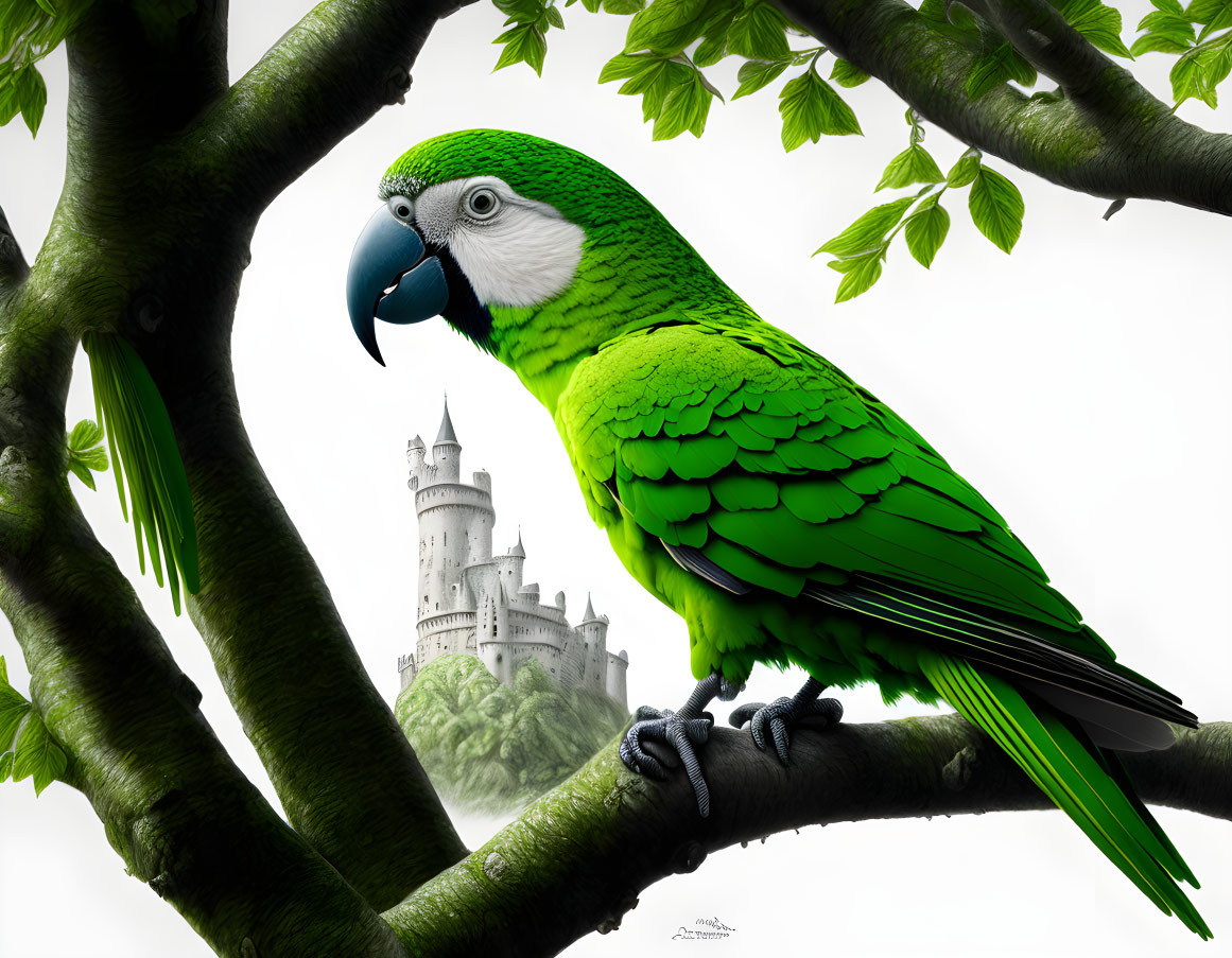 Green parrot on tree branch with mystical castle and cloudy sky