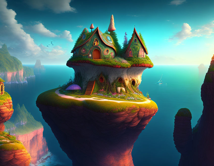 Colorful Fairytale Mushroom House on Rocky Pillar in Ocean Landscape