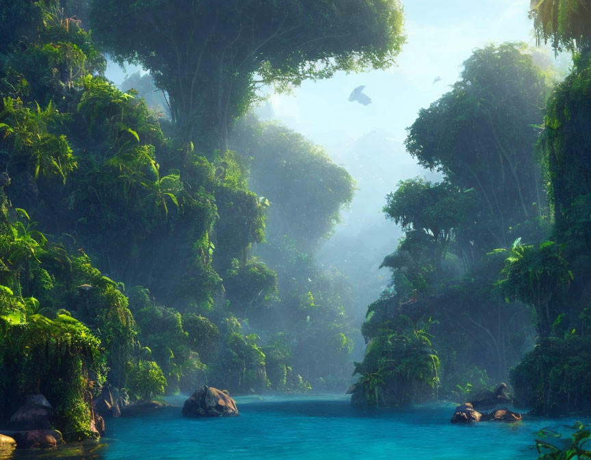 Serene river in lush rainforest with dense foliage and mist-filtered sunlight