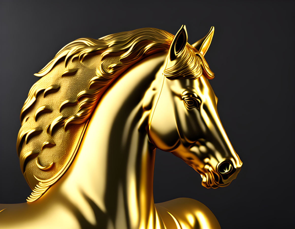 Metallic Golden Horse Head Sculpture on Black Background