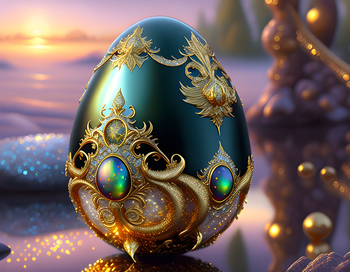 Jewel-encrusted egg with gold filigree and opal inlays against sunset