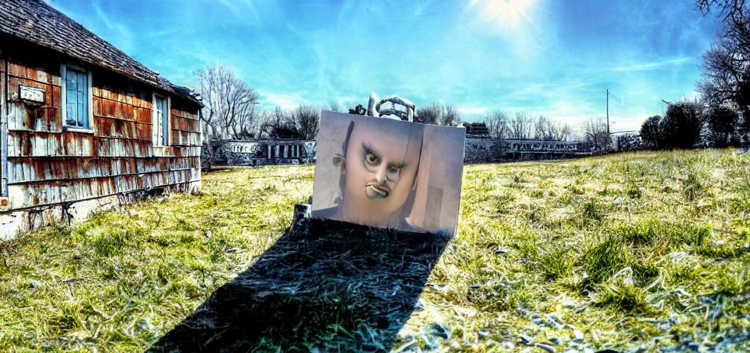 Surreal countryside scene with rustic barn and distorted baby face on canvas