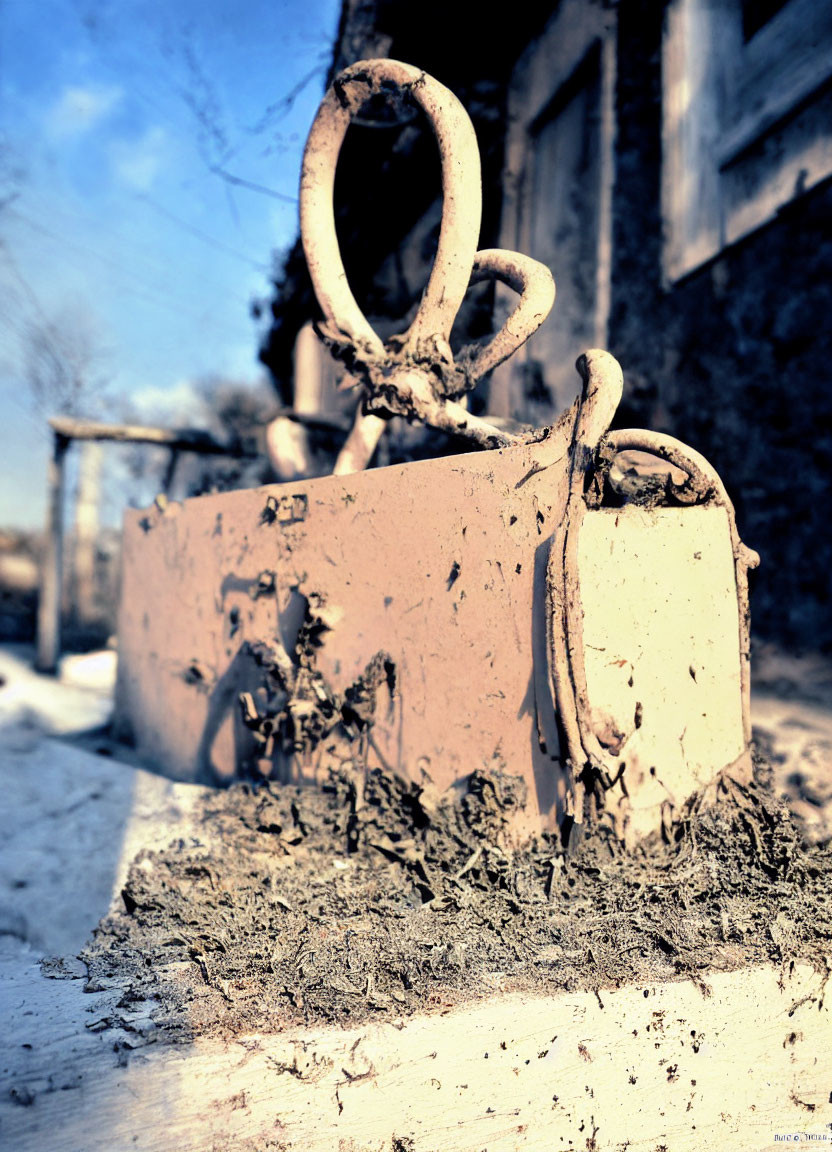 Rusty construction anchor with concrete, steel handle, blurred building and trees