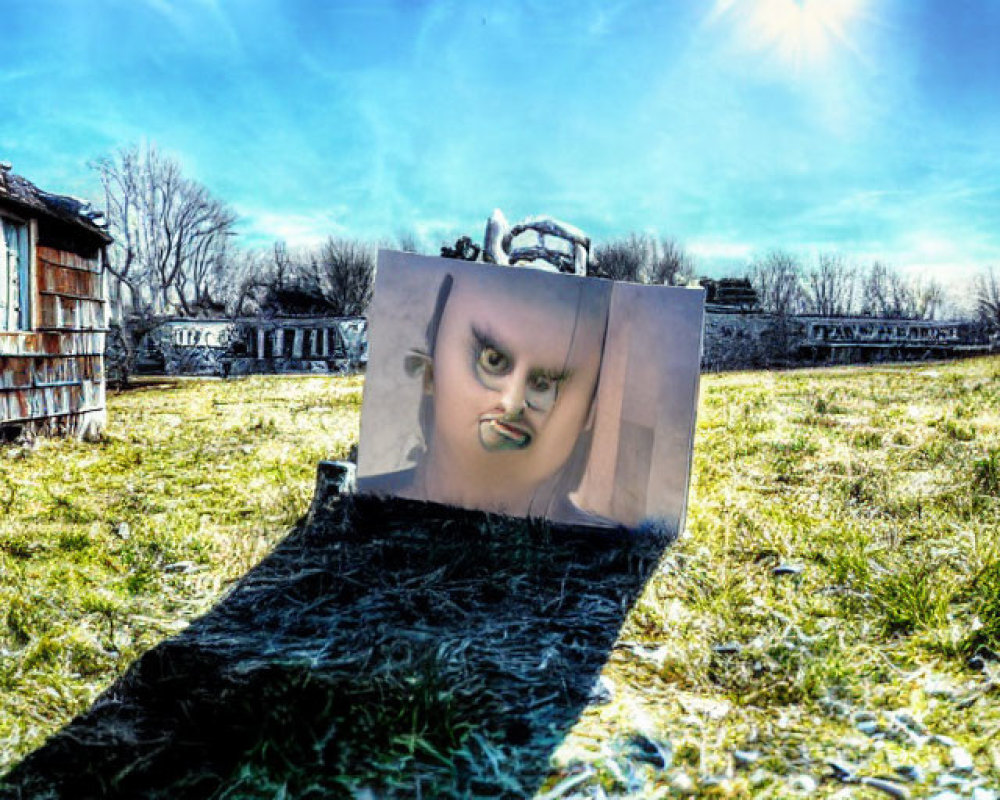 Surreal countryside scene with rustic barn and distorted baby face on canvas