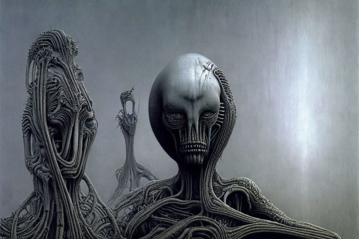 Elongated humanoid figures with skull-like head in surreal artwork