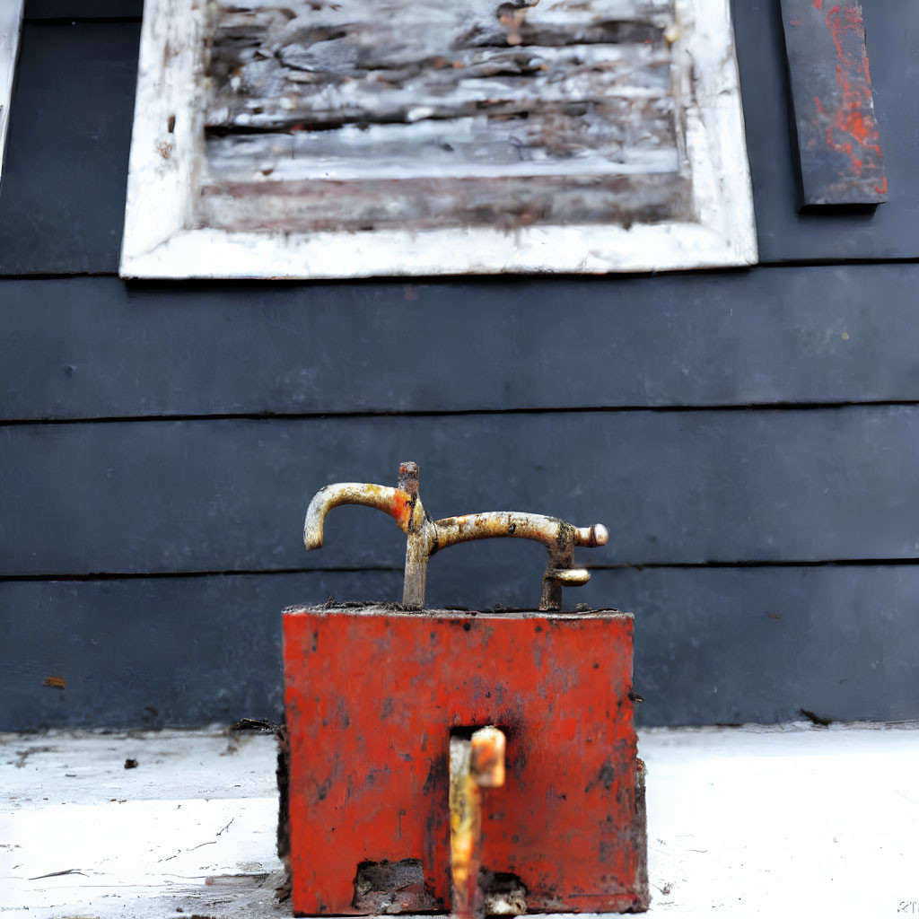 Rusty vintage water tap on red block against weathered white window frame