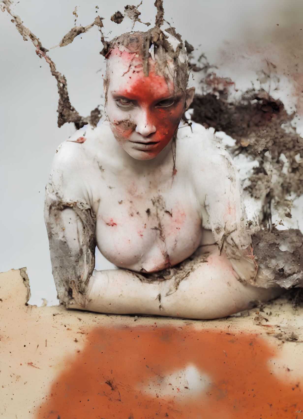 Person in white body paint with red accents emerging from muddy surface