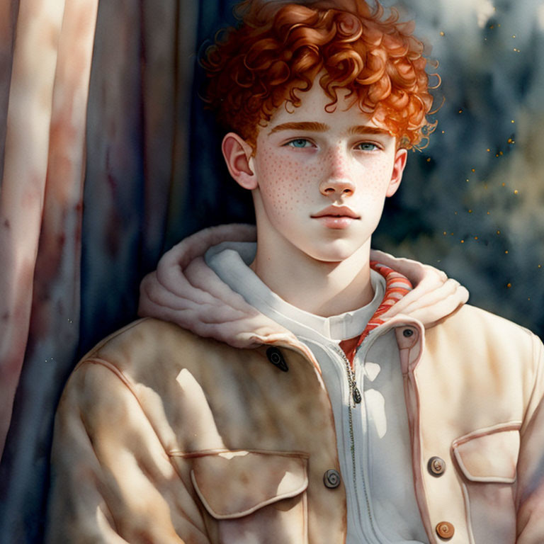 Red-haired boy with freckles in warm jacket, illustrated with soft gaze and blurred backdrop